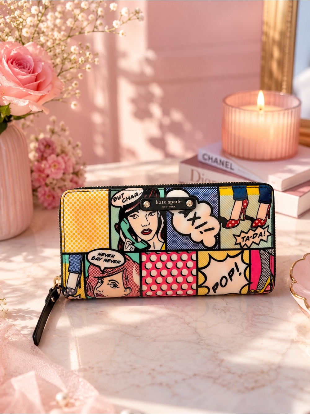 KATE SPADE Retro comic pop art colorful dots cartoon zip continental WALLET HTF
